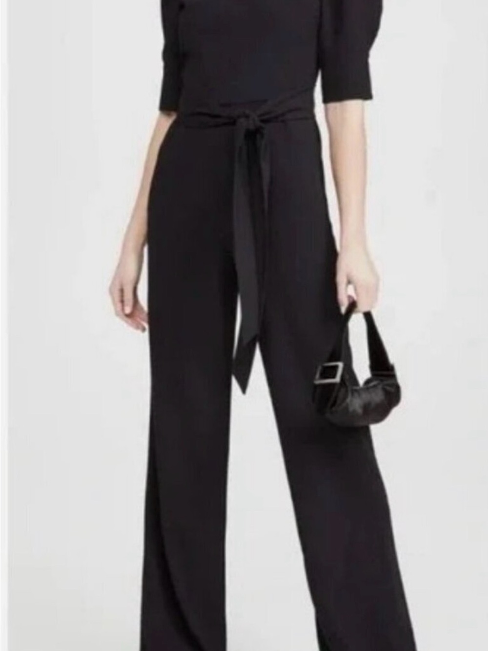 Alice+Olivia Alexis Romper High-Waist Black Wide-Leg Pants with Self-Tie Belt